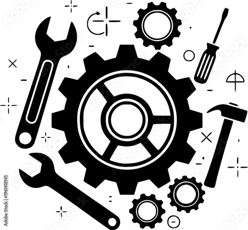 Settings gear icon representing configuration, system control and preferences. Concept of setup, tools and adjustment for user interface, software, web and mobile application design.