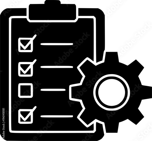 Project checklist icon with gear symbol. Task management and workflow control concept for business planning, process execution, productivity systems and project management interfaces.