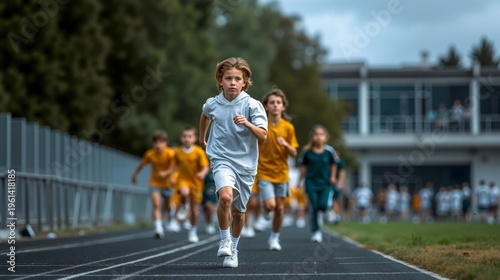 A group of children running on a track