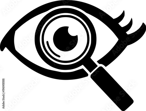 Eye search icon. View and visibility symbol with magnifying glass. Watching, scanning and visual inspection concept for user interface and navigation systems. UI element for search and content viewing
