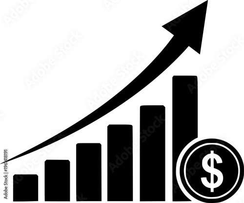 Financial growth icon with rising bar chart, upward arrow and dollar coin. Concept of profit increase, revenue growth, income, investment success and financial performance.