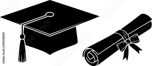 Graduation hat with diploma icon set. Student hat with academic degree certificate vector illustration. College, school and university graduation ceremony concept