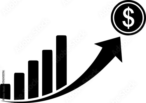 Financial growth icon with rising bar chart, upward arrow and dollar coin. Concept of profit increase, revenue growth, income, investment success and financial performance.