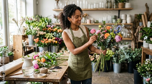 African american woman florist working in sunny flower shop. Female worker arranging colorful bouquet for customer. Small business entrepreneurship, creative job and artisan skill concept.