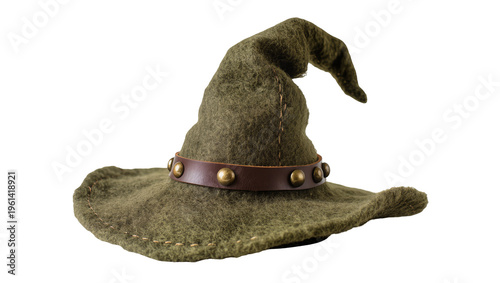 Quadro su tela Olive green felt witch hat with brown leather band and brass studs, isolated on