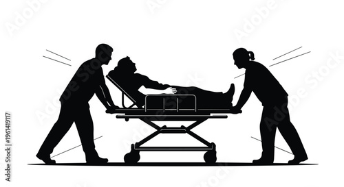 Medical emergency response team transporting patient on stretcher in silhouette, hospital emergency care concept