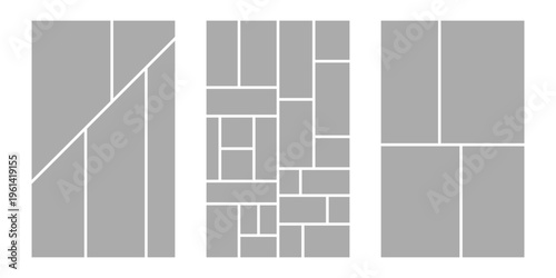 Image collage layout template. Grey mosaic mood board grid collection. Picture frame set. Photo album idea for banner, poster, comic page, flyer, brochure, booklet, memory wall design. Vector pack