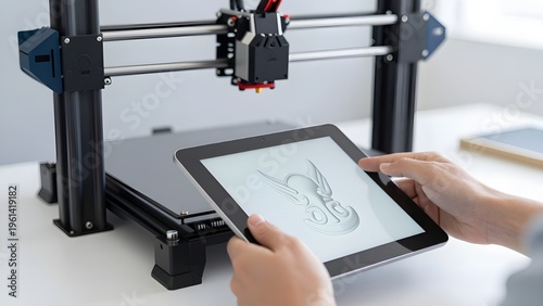 3D Printing Precision: A person interacts with a tablet, controlling a 3D printer and demonstrating the convergence of innovation and technology. 