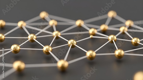Interconnected Spheres: Abstract network of golden spheres linked together by thin threads, representing the intricate connections of global data.