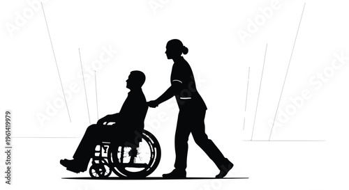 Disabled person in wheelchair with caregiver or assistant providing support and care in modern setting