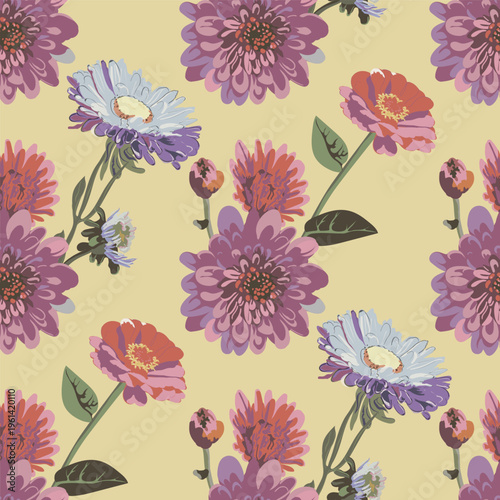 Vector seamless floral pattern. Aster, chrysanthemum, and zinnia flowers on a yellow background.