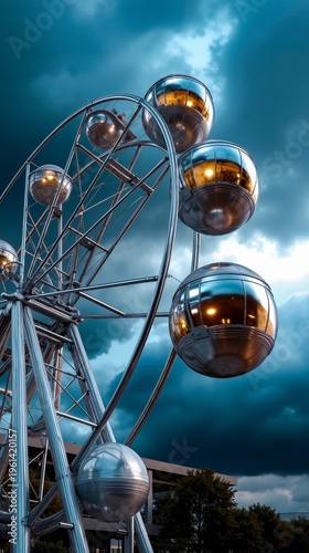 A ferris wheel in front of a cloudy sky