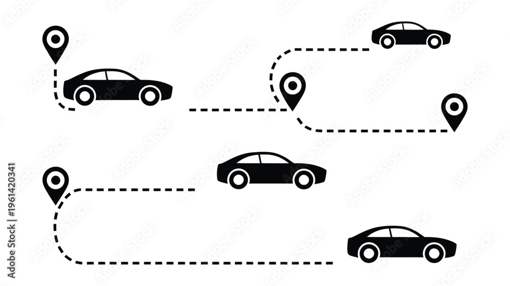 Fototapeta premium Cars with dashed lines and location pins, representing routes and travel points, navigation and journey concept, map and transportation illustration, minimal flat design, vector graphic on white