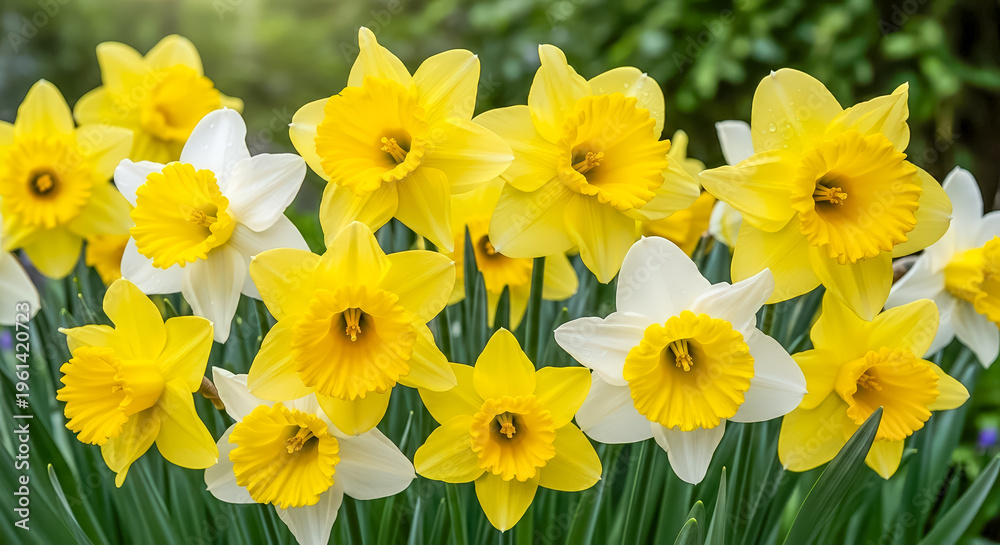 Obraz premium Yellow and white blooming daffodils outdoors on flowerbed in garden or back yard, spring background. Symbol of nature awakening, easter and spring gardening. Seasonal flowers