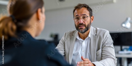 A man in a suit talking to a woman in an office