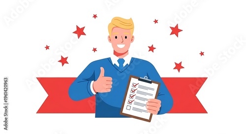Smiling man with thumbs up holding a checklist, surrounded by stars and ribbon