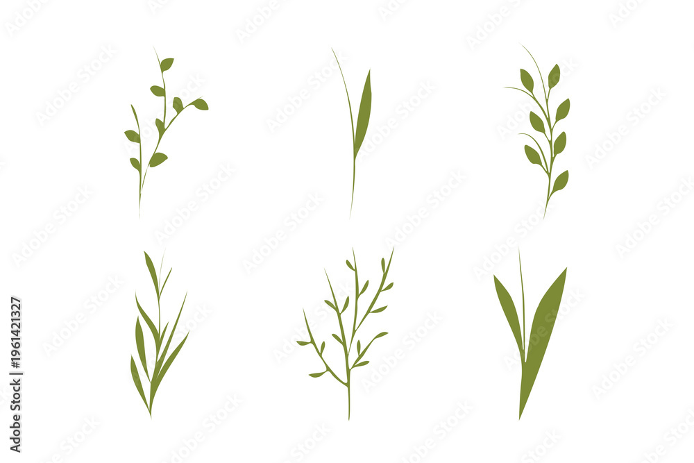 Obraz premium Six unique illustrations of simple green plant stems and leaves are presented.