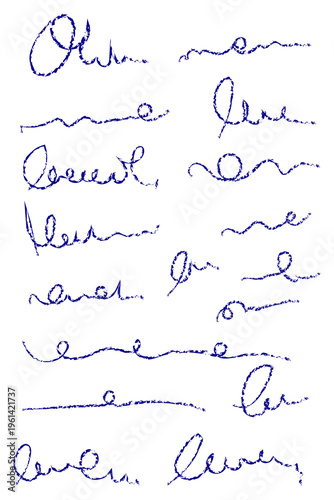 Hand drawn doodle lettering set, scribble words, titles and signature elements, abstract handwritten shapes, decorative sketch text collection. Decorative handwritten shapes for branding, social media