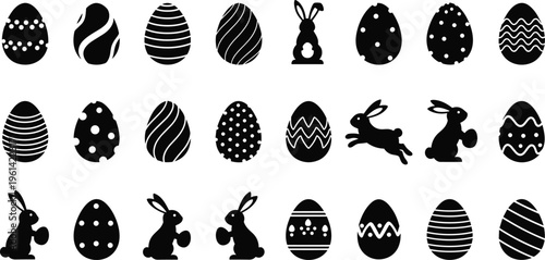 Black silhouettes of Easter eggs and bunnies on white background