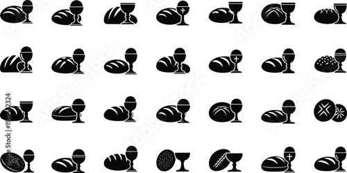 Black and white icons of bread and wine chalices