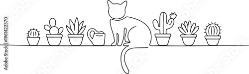 cat back view on shelf among potted plants continuous single line arts