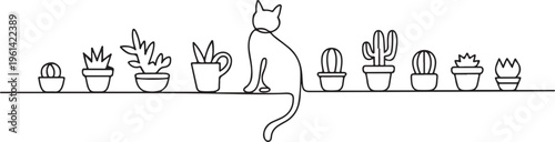 cat lineart drawing on shelf with potted plants and cacti illustration