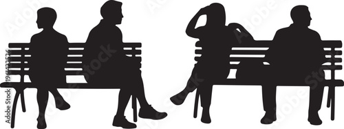 silhouette figures on park bench social distance conversation and rest