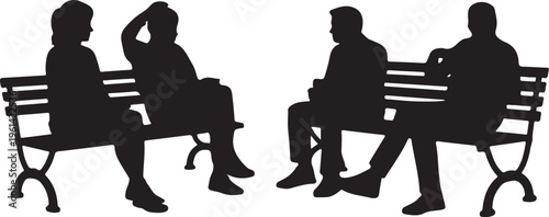 silhouette group sitting on bench public space human posture study art