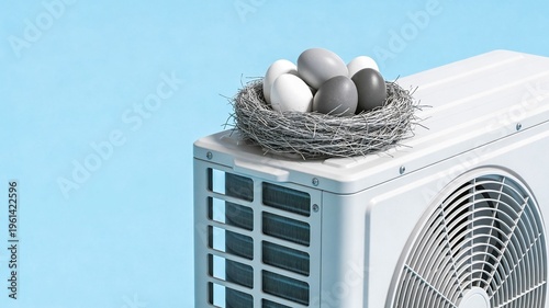 Air conditioner outdoor unit with nest and easter painted eggs on top, blue background with copy space. Split system in minimalist style. Congrats to customers. Cooling equipment industry holiday card