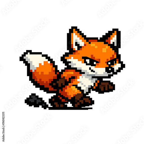 Pixel art orange fox with white and black details, cute character