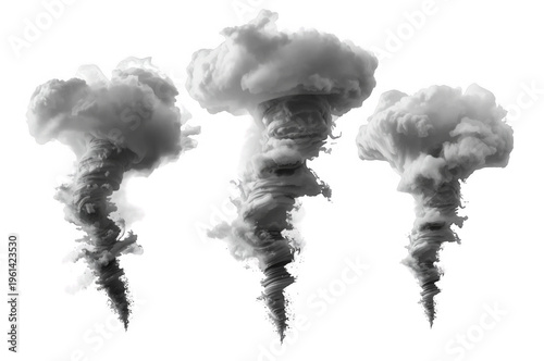 Multiple swirling smoke clouds creating tornado twisters