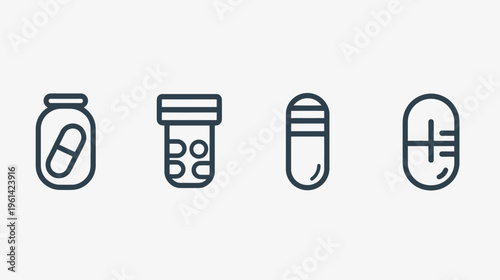 A collection of four simple dark-blue outline illustrations of medicine capsules
