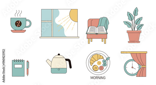 Morning essentials for a cozy start cup of coffee, book, and breakfast spread. Perfect for website banners or social media posts.