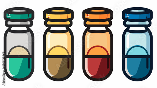 A set of four different colored vial bottles, filled with liquid, each with a different colored cap