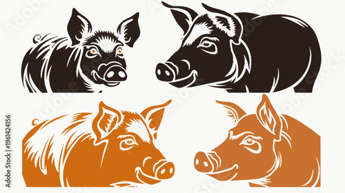 Four stylized illustrations of pigs in various poses, with two in brown and two in orange hues