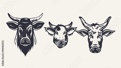Three stylized head illustrations of cattle with different horn and facial details