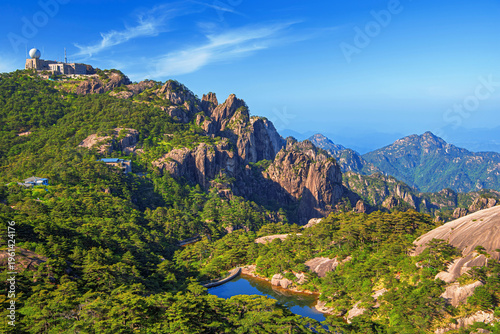 View of Guangming Peak meteorological station on Huangshan in Anhui Province, China offering scenic landscapes and mountain ranges