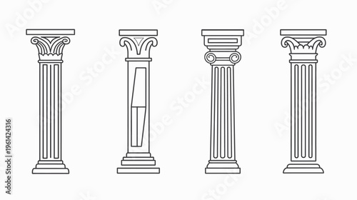 A line drawing of four Greek and Roman architectural columns with detailed capitals and bases