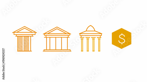 Collection of stylized building and monetary icons in orange and white against a white background