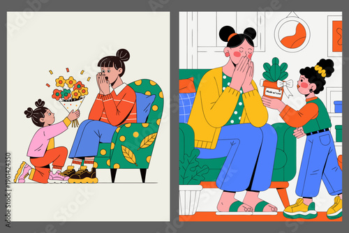 Set of illustrations: child gives mother flowers and handmade gift. Happy mother and daughter, Mother's Day or birthday celebration, concept of family comfort and love, flat style.