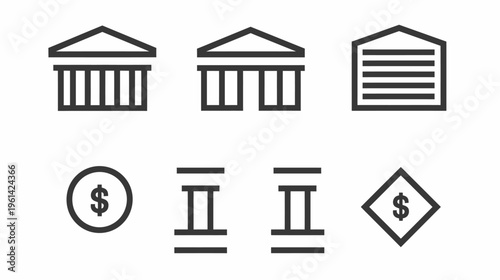 Collection of stylized financial icons in grayscale, representing banking and currency elements