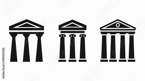 Monochrome graphic design of three distinct classical temple icon variations