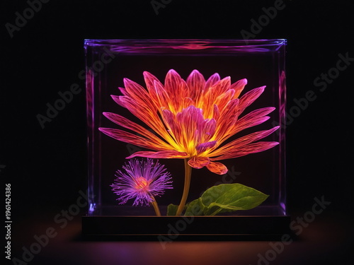 Magical glowing flower in square glass casing isolated on blank dark background