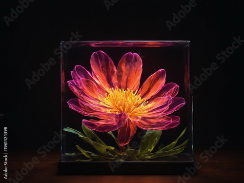 Glowing fantastical magic flower in protective glass casing