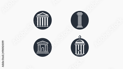 Four circular icons featuring stylized architectural elements, including columns and buildings, in a minimalist style