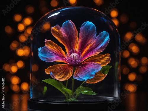 Multi colored beautiful rare flower in protective glass dome with bokeh light effect in the background