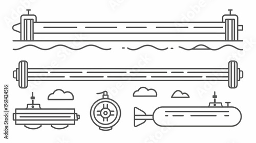 A monochrome illustration showcasing various submarine designs and nautical elements