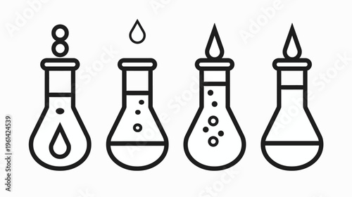 Line art of four beakers showing different stages of a liquid experiment