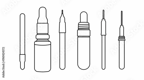 Outlined illustrations of various pharmaceutical vials and pipettes in a simple, minimalist style