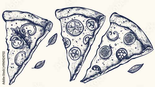 Hand-drawn artistic illustration of three pizza slices with various toppings and leaves